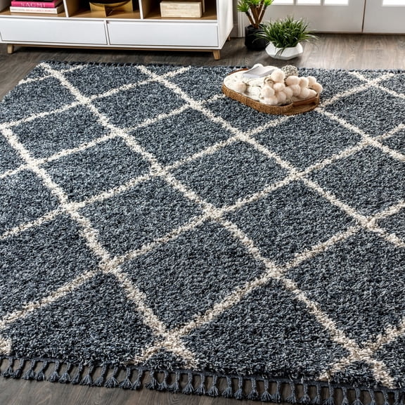 JONATHAN Y MCR104A-4 Mercer Shag Plush Tassel Moroccan Geometric Trellis Denim Blue/Cream 4 ft. x 6 ft. Area Rug