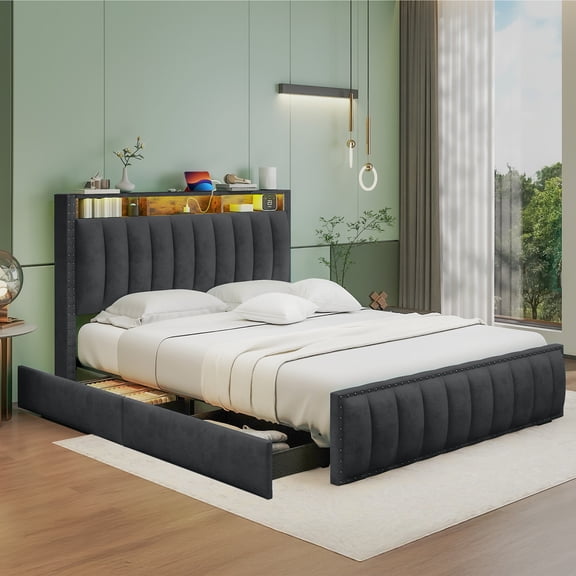 Uforic Upholstered Queen Size Bed Frame with Charging Station & Headboard, Platform Bed Frame with Drawers, Gray