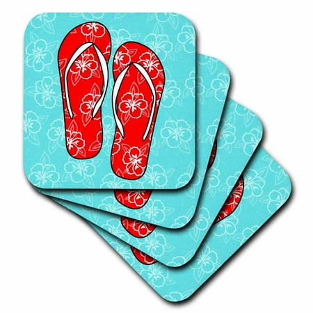 

3dRose Cute Flip Flops Red Light Blue - Hawaiian Flower Soft Coasters set of 4
