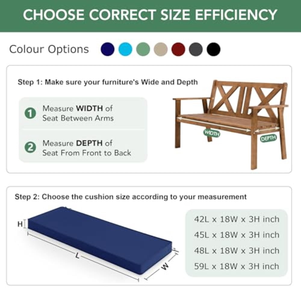 Outdoor Bench Cushion: Waterproof and Fade Resistant Patio Furniture Cushions - Non-Slip Bench Pad Cushion with Removable Cover for Garden Swing Porch Sofa Settee 48 x 18 x 3 Inch Navy Blue