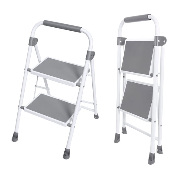 JIOABL 2 step ladder with Non-Slip Pedals and Comfortable Handrails - Portable Steel Ladder with 800 lbs Capacity - Ideal for Kitchen, Garage, and Outdoor Use -Gray