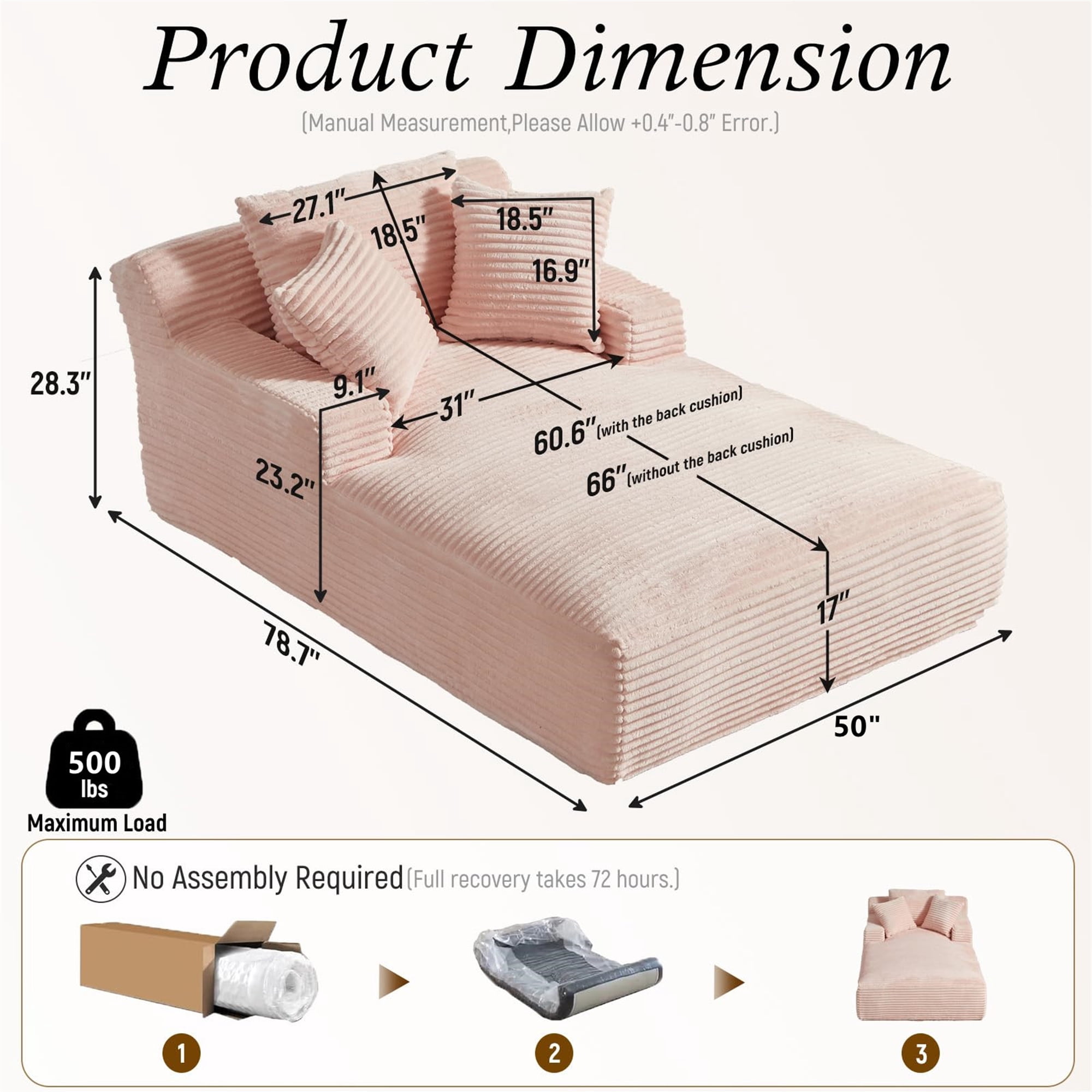 Aukfa Chaise Lounge Oversized Indoor Chair Boneless Couch for Living Room, 3Pillows, Pink