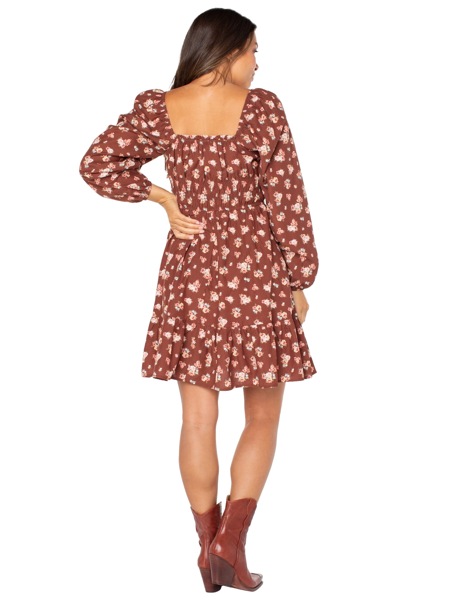 Celebrity Pink Women’s and Women’s Plus Floral Print Babydoll Dress with Long Sleeves, Sizes XS-4X