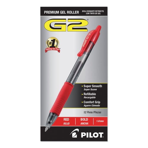 Pilot G2 Premium Gel Pen, Retractable, Bold 1 mm, Red Ink, Smoke/Red Barrel, Dozen, Each
