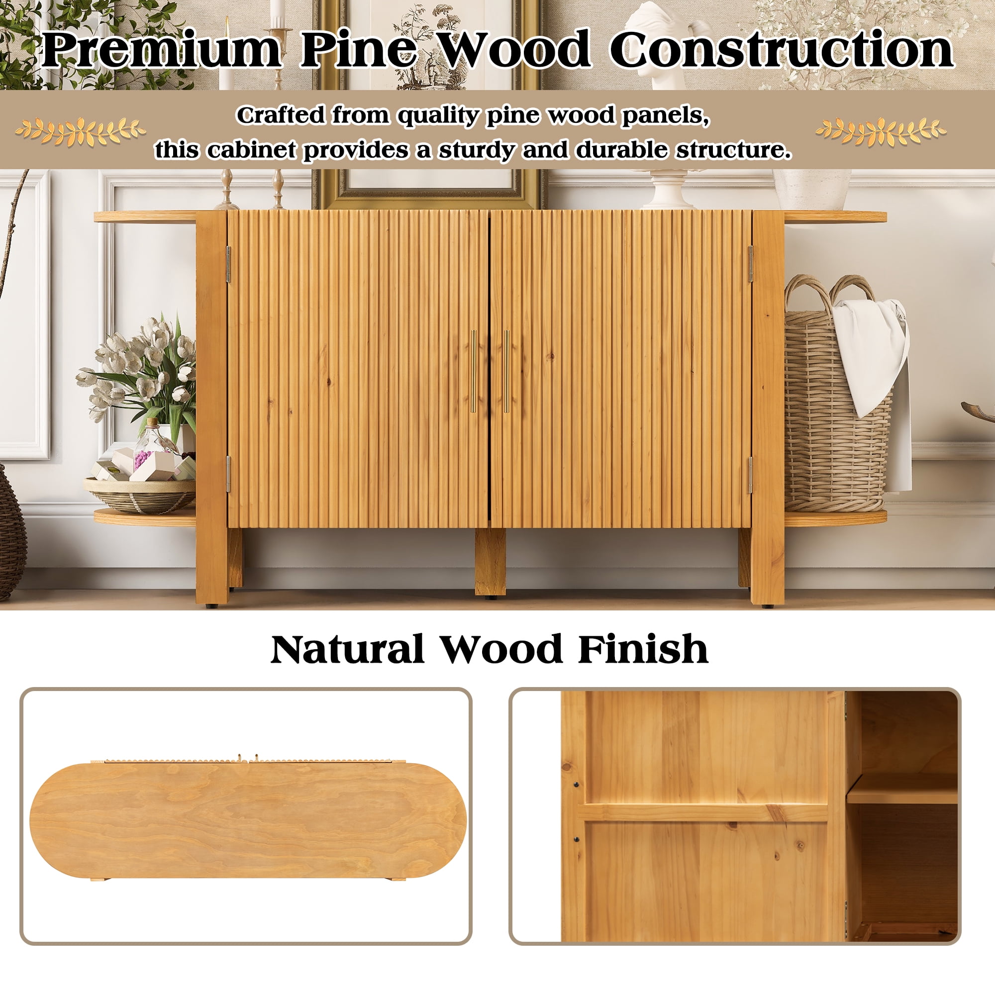 Euroco Sideboard Buffet Cabinet with Storage, 59.8" Mid Century Sideboard Cabinet with Double-layer Curved Extension Shelf & Metal Handle,Credenza Coffee Bar for Kitchen Living Room,Natural