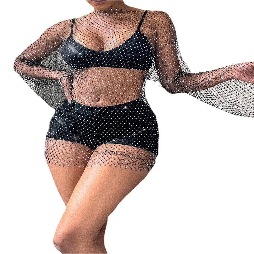 Women's See Through Glitter Dress Sheer Rhinestone Fishnet Bikini Swim  Beach Cover Up - Walmart.ca