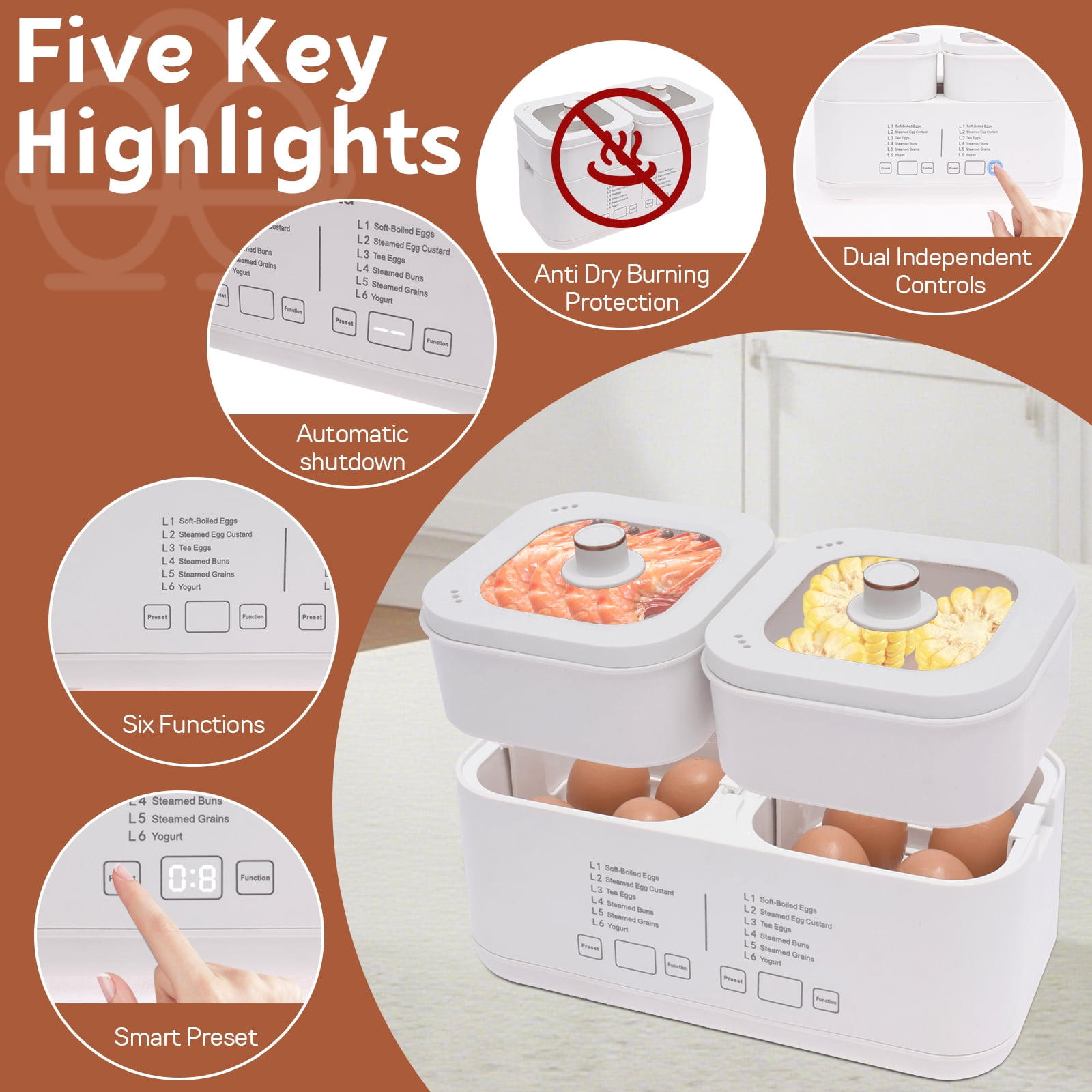 Threns Rapid Egg Cooker Electric 8 Eggs Capacity,Soft,Medium,Hard Boiled,Poacher,Omelet Maker Egg Poacher with Auto Shut-Off and Timer(0.5-9.5H),BPA Free