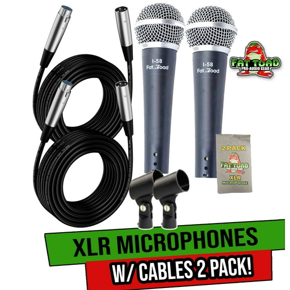 Fat Toad Vocal Microphones with XLR Mic Cables & Clips (2 Pack) - Cardioid Dynamic Handheld, Unidirectional for Studio Recording, Live Stage Singing, DJ, Karaoke - Pro Audio 20ft Mic Cords, 3-Pin Wire