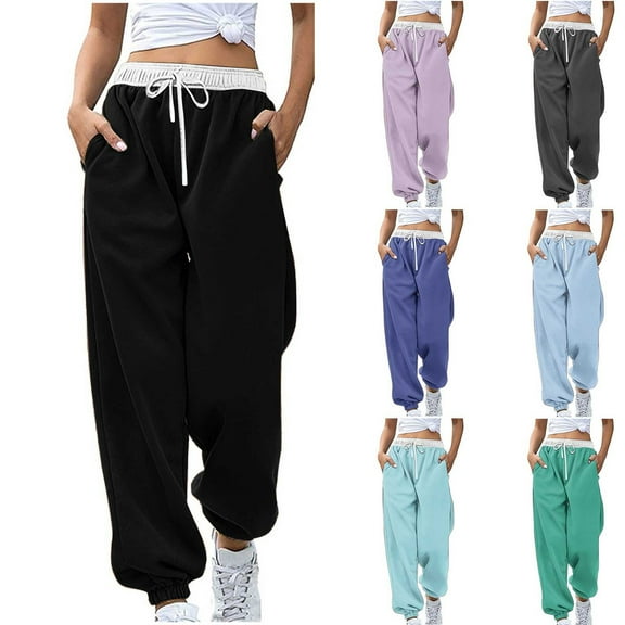 Color Blocked Printed Pants Women Fashion Drawstring Waist Joggers Lounge Pants Casual Streetwear Trousers, Relaxation Gifts for Women | CSEONE,Black XL