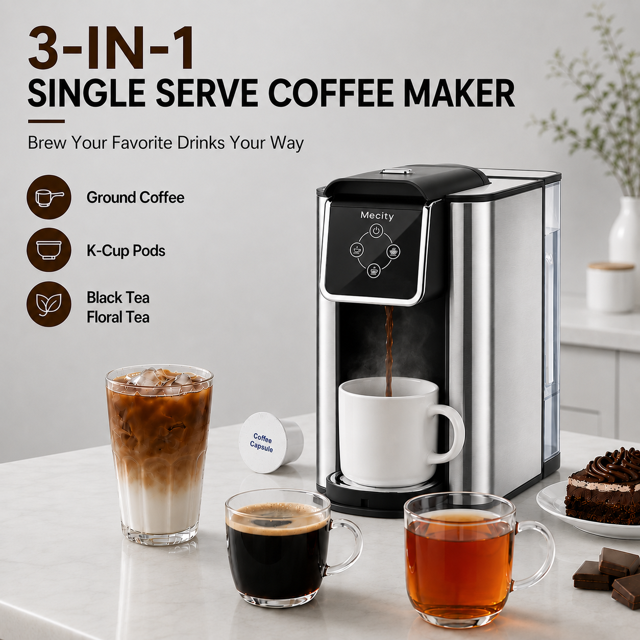 Mecity 3-in-1 Single Serve Coffee Maker, Black photo 2