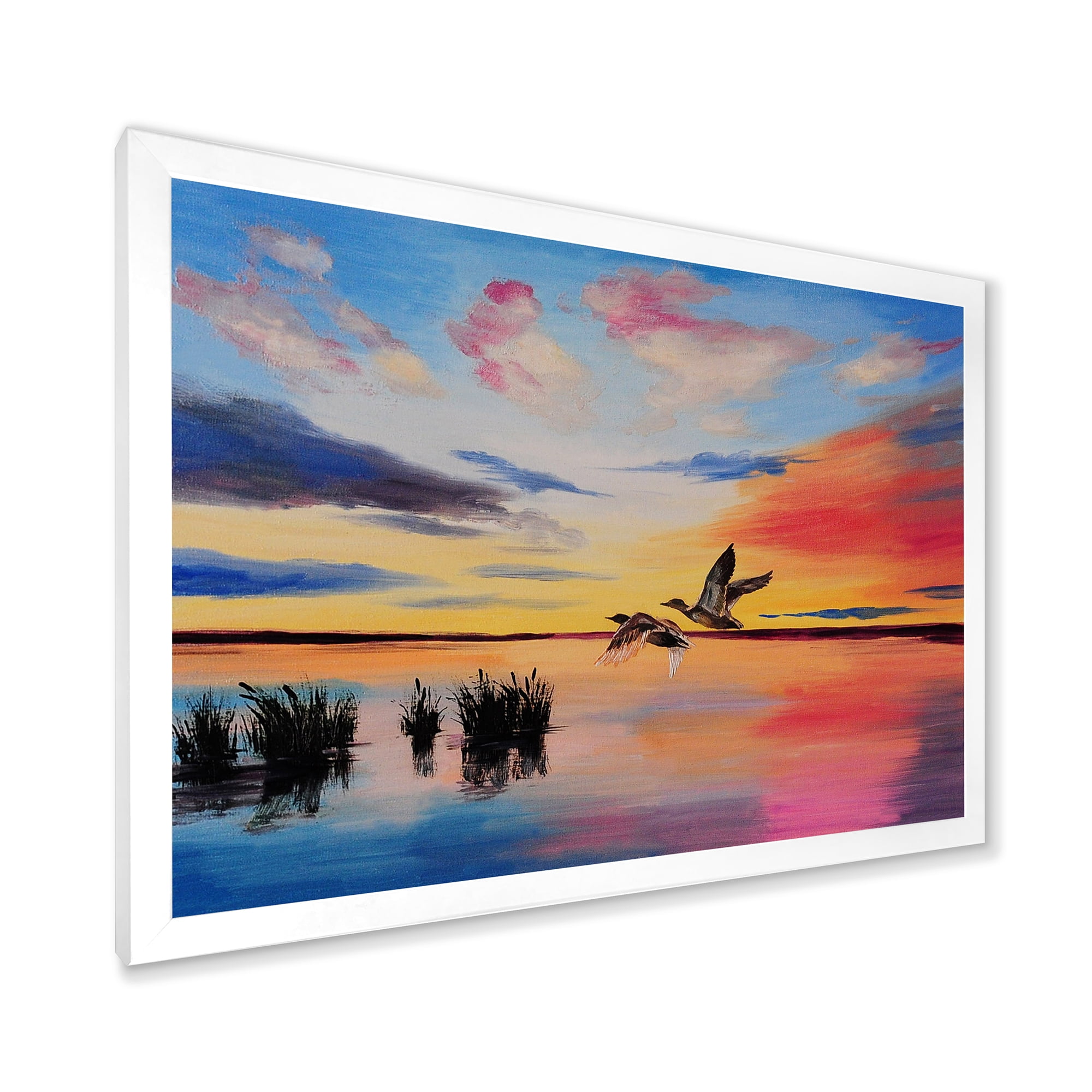 Designart 'Crane Birds Flying During Colorful Sunset' Nautical & Coastal Framed Art Print