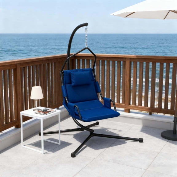 Outdoor Sofa, Hanging Swing Chair with Steel Frame,Hammock Chair with Stand andCoating Cushion,for Indoor and Outdoor, Black,Dark Blue Patio Furniture,Foam,Oxfabric,Polyester,Steel Outdoor Sectional