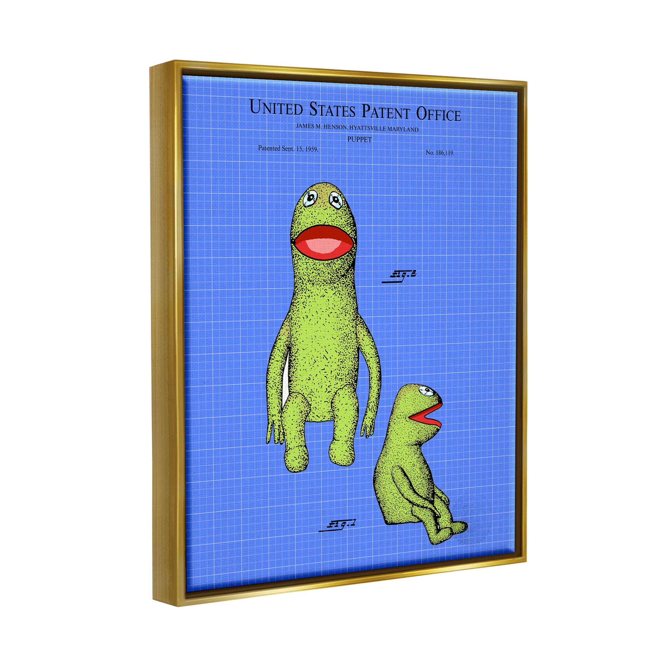 Stupell Industries Frog Puppet Character Blueprint Graphic Art Metallic Gold Floating Framed Canvas Print Wall Art, Design by Karl Hronek