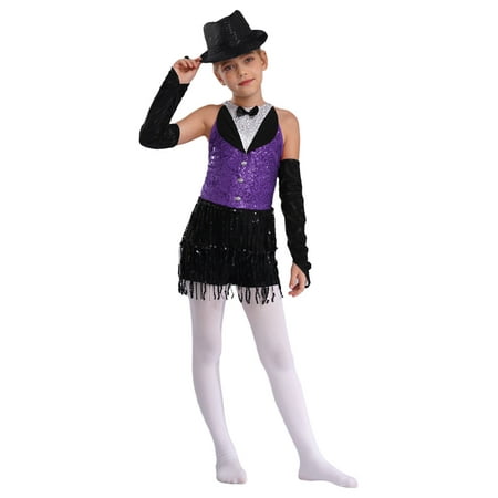 Haitryli Big Girls Sparkly Tuxedo Bodysuit Outfits Fringe Latin Dance Leotard with Gloves Hat Ballroom Dancing Costume Purple&Black 16
