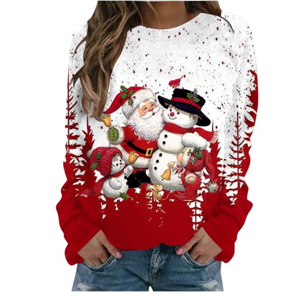 IROINNID Christmas Sweatshirts for Women Crewneck Long Sleeve Pullover Christmas Print Casual Top Loose Sweatshirt,Red