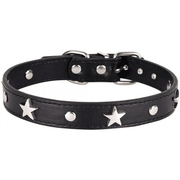 Dog Collar with Stars Studs, Puppy Small Medium Dog Necklace for Kitten Pet Collar Adjustable Length Leather(M)