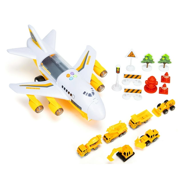 Airplane Toy with Car Toy Helicopter Set Toddler Cargo Transport Airplane Gift Age 3 4 5 6 8 Years Old 6 Mini Vehicles 1 Large Plane 1 Large Play Mat 11 Road Signs