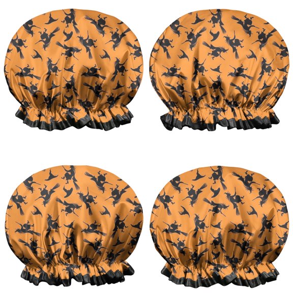 Shower Caps,Halloween Witches on Brooms Pattern Waterproof Shower Cap for Women 4 Pieces,Double Reusable Hair Cover for Shower PEVA Elastic Stretch Hem