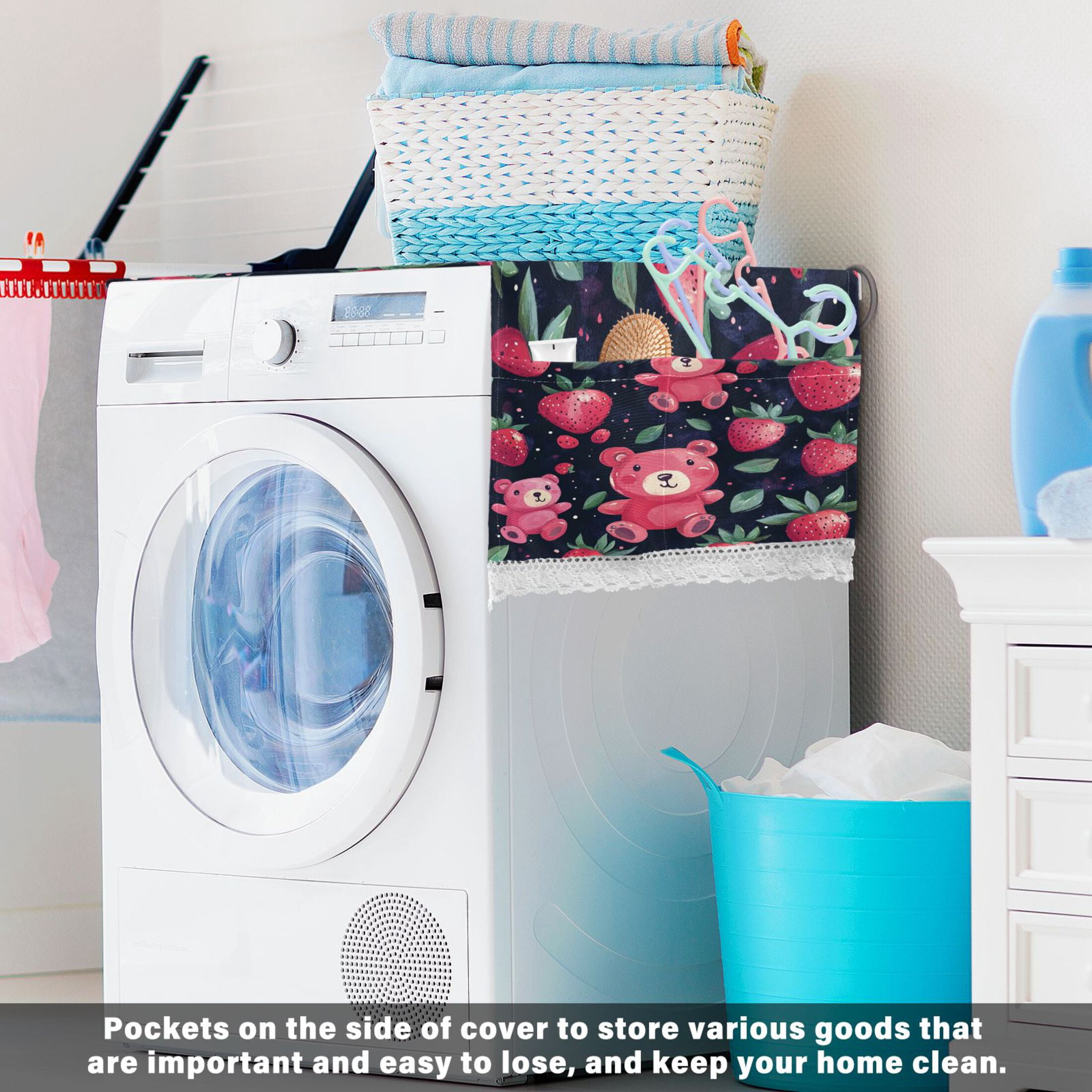 WOBOGO Cute Strawberry Bear Washing Machine Cloth Dryer Refrigerator Top Cover Protective Non-Slip Mat For Kitchen Laundry