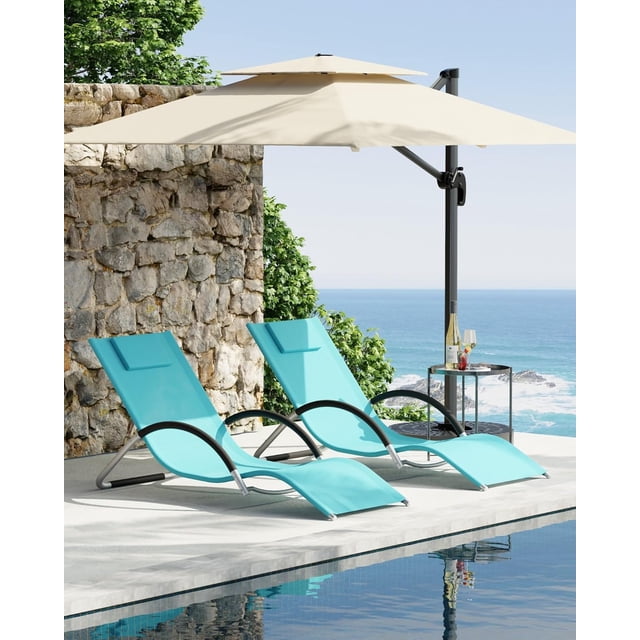 Patio Furniture Patio Lounge Chairs Set of 2 with Ergonomics, Quick Dry Textilene Fabric, Iron Pool Chaise Lounges for Pool, Garden, Beach, and Backyard All Weather Design, Blue.