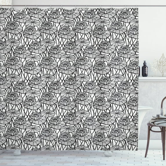 Flower Shower Curtain, Monochrome Ink Hand Drawn Floral Pattern with Blooming Water Lily, Fabric Bathroom Set with Hooks, 69W X 84L Inches Extra Long, Charcoal Grey White, by Ambesonne