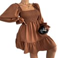 thumbnail image 1 of Femmes Mini A-Ligne Robe Sexy Manches Longues Col Carré Volants Smoked Robes Unies Abricot XL, 1 of 5