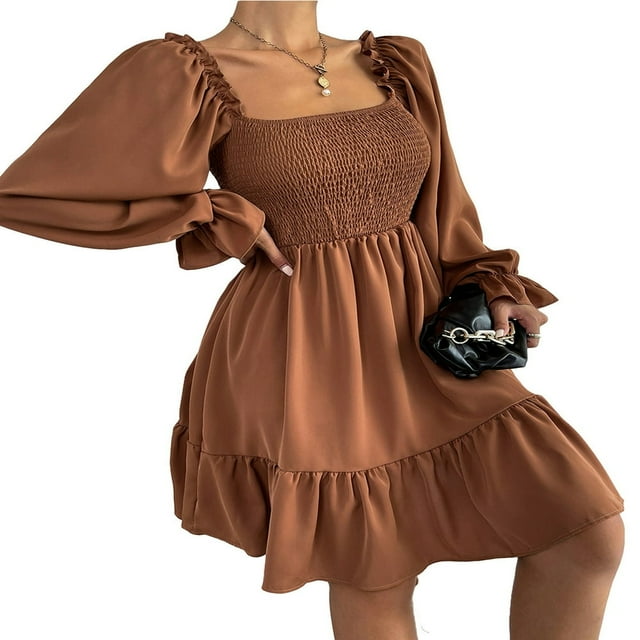 Femmes Mini A-Ligne Robe Sexy Manches Longues Col Carré Volants Smoked Robes Unies Abricot XL