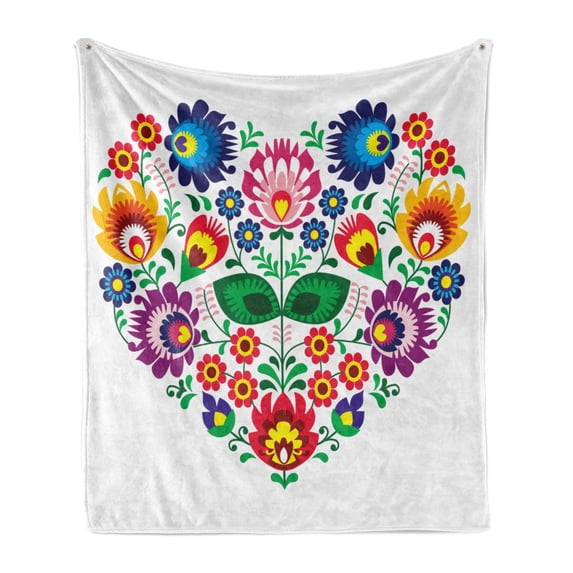 Polish Folk Art Soft Flannel Fleece Throw Blanket, Folkloric Slav Motif Graphic Shape as Heart with Colorful Spring Flowers, Cozy Plush for Indoor and Outdoor Use, 70" x 90", Multicolor, by Ambesonne