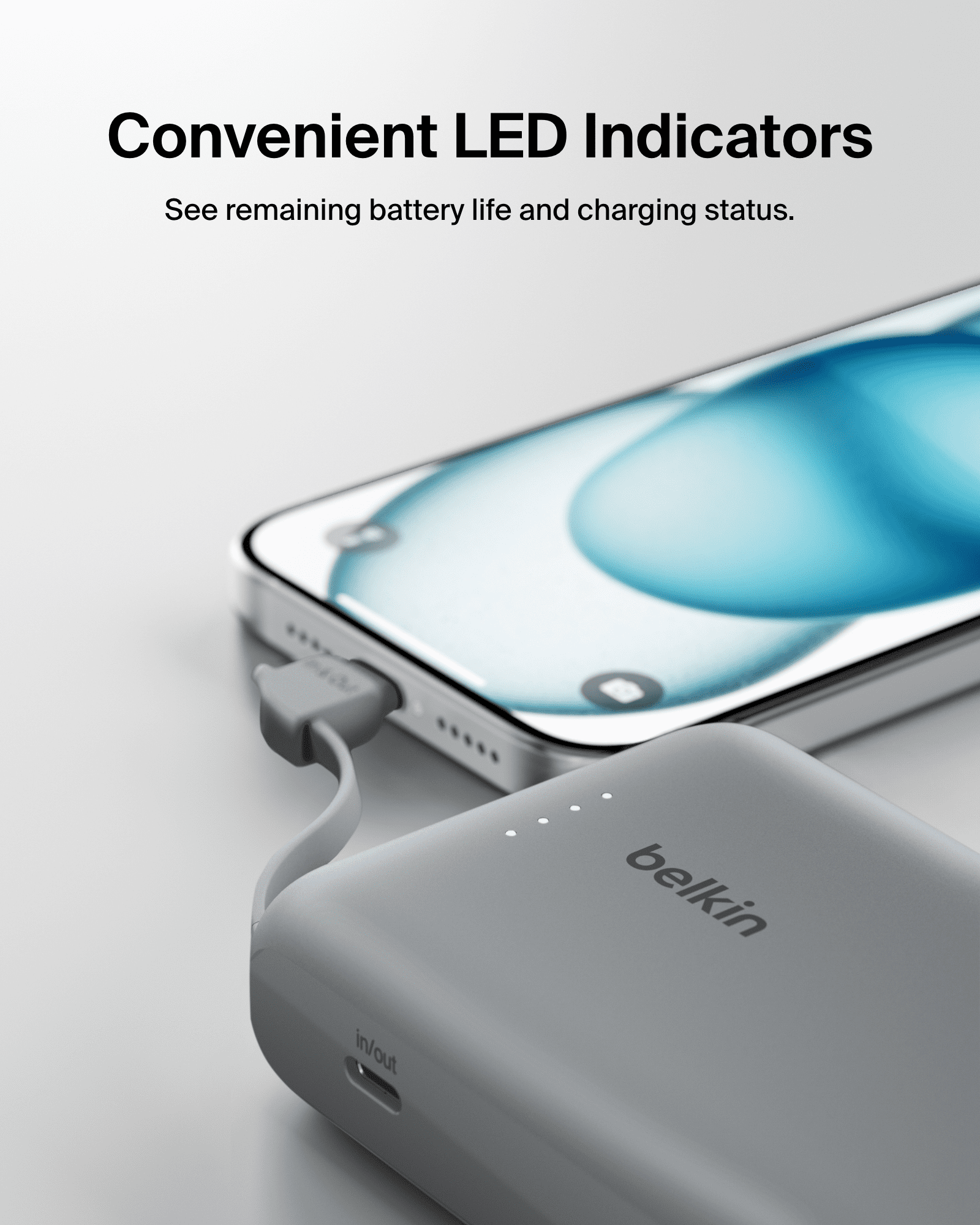 Belkin Portable Charger, Power Bank 10,000mAh with Integrated Cable - 20Watt Fast Charge USB-C Power Delivery, Portable iPhone Charger for iPhone 16 Series, iPad Pro, Galaxy S25, and More - Gray