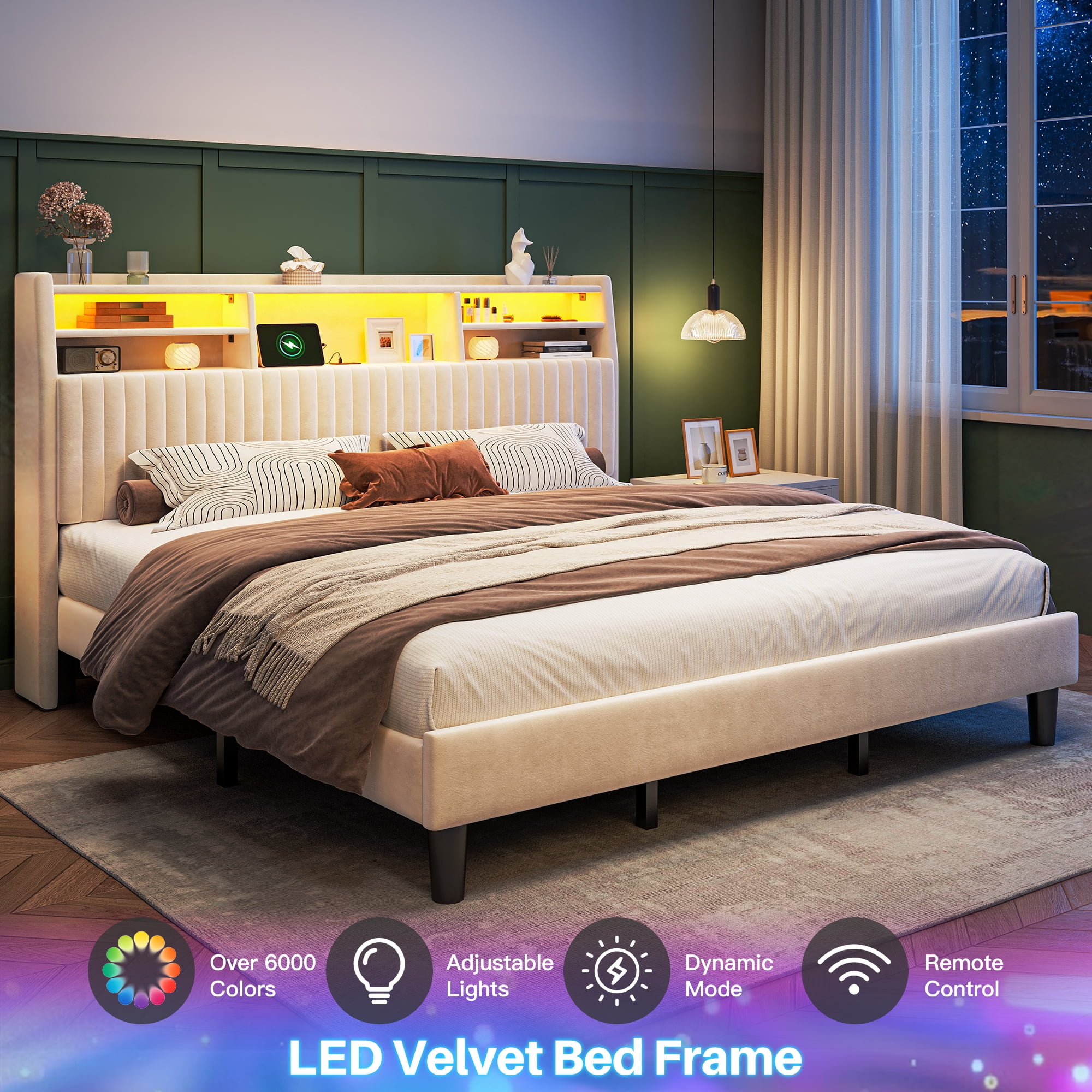 EnHomee King Size Bed Frame with 2-Tier Storage Shelf Upholstered Bed Frame with Headboard & LED Lights & Charge Station,Beige
