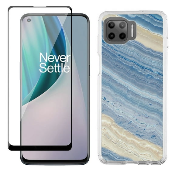 Slim-Fit Protective Phone Case compatible with Motorola Moto One 5G UW, with Tempered Glass Screen Protector, by OneToughShield ® - Marble/ Marina Blue