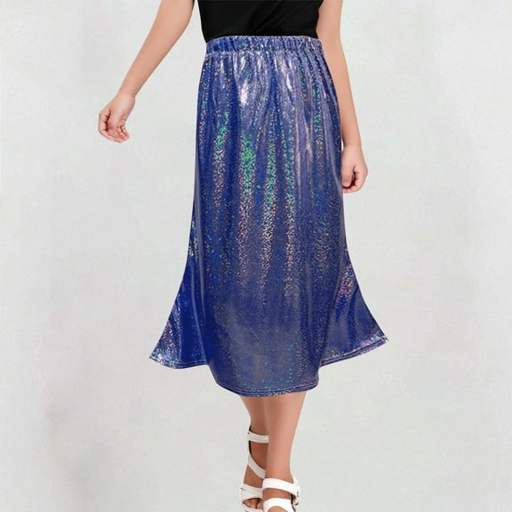 YHAJDS Girls Solid Color Sequin Shiny Long Skirt A Line Flared Skirts for Kids Age 3-16