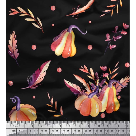 Soimoi Black Cotton Duck Fabric Feather & Pumpkin Vegetable Print Fabric by Yard 42 Inch Wide