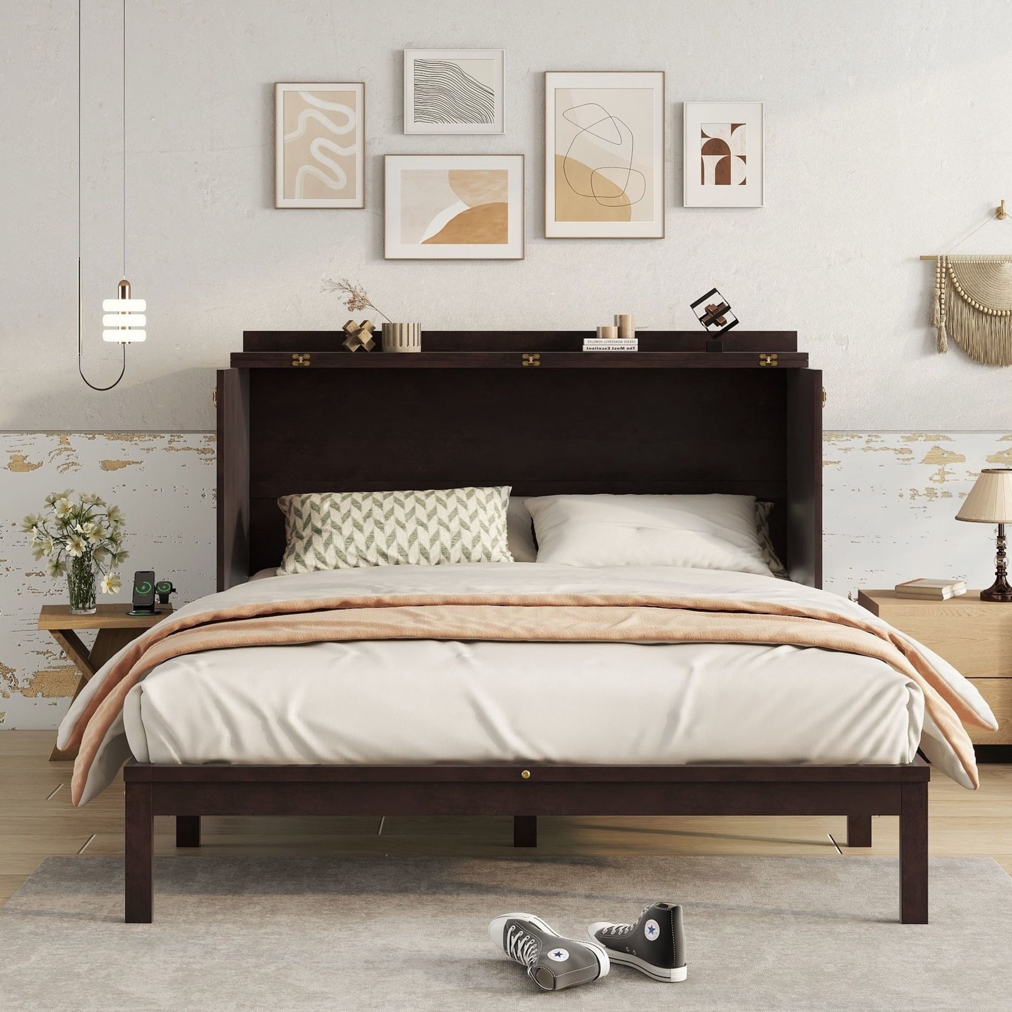 Noble House Queen Murphy Bed  Pine Wood Frame with Rattan Panel  Charging Station & Storage Drawer  Espresso