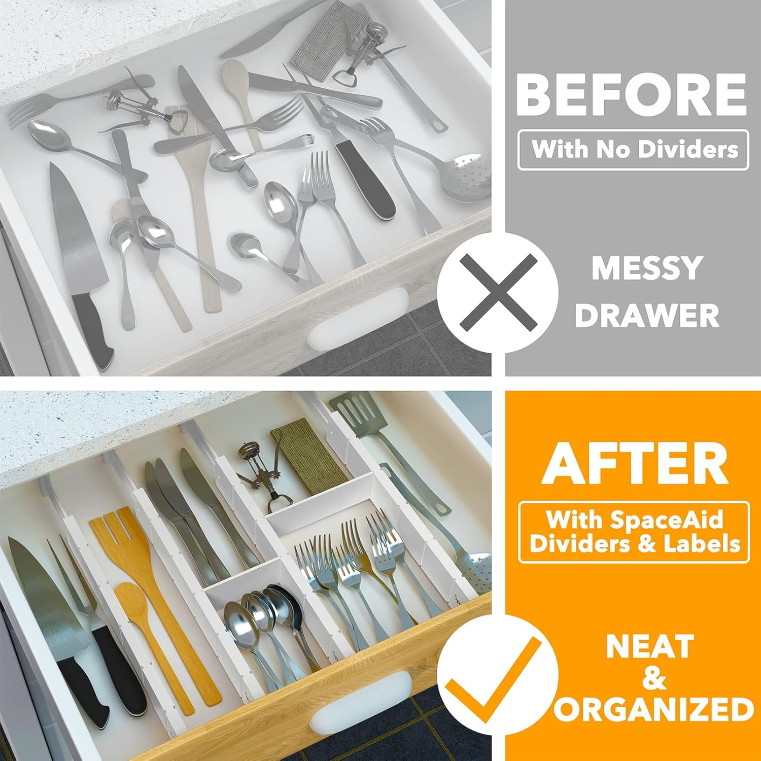 SpaceAid Bamboo Kitchen Organizer Drawer Dividers, Expandable(17-22 in), 17"L x 0.6"W x 2.6"H, White