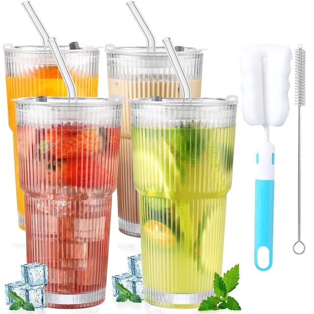 Hisemy Vaso de Vidrio con Tapa,Vasos Acanalado de Vidrio, 4 Vasos Acanalado de Vidrio Apilables, Vasos de Vidrio con Tapa y Popote, Vasos de Cristal,para Batidos, Agua, Jugo, Cafetería,Soda
