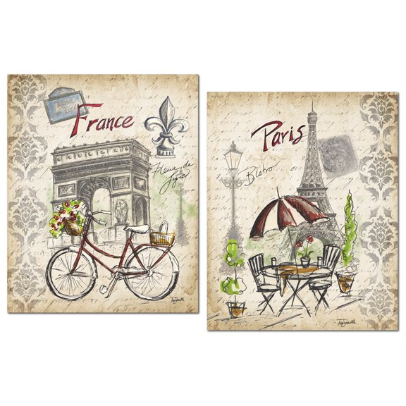 Trendy Paris Eiffel Tower and Arc Du Triomphe Bicycle and Bistro Set by Tre Sorelle Studios; Two 11x14in Paper Posters