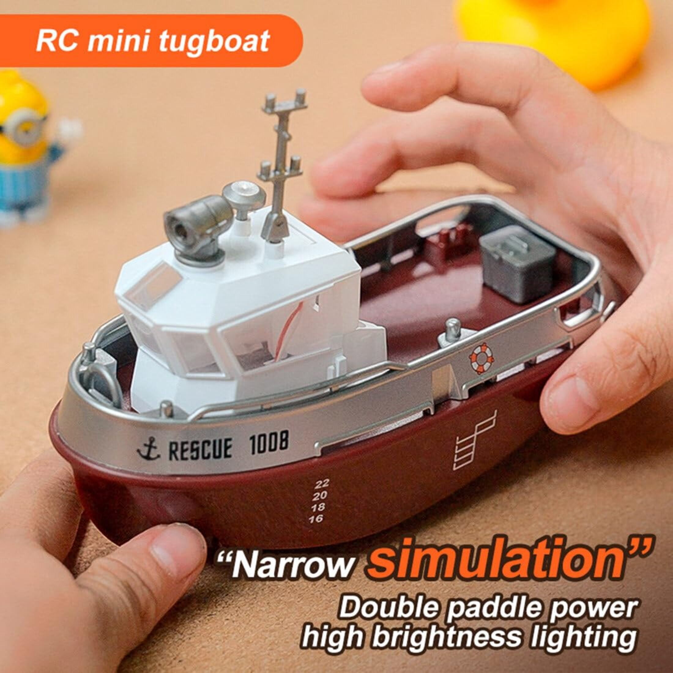 RC Rescue Ship, Funtogether Toys, Tugboat with Working Lights & Dual Propellers, Rechargeable Pool Toy