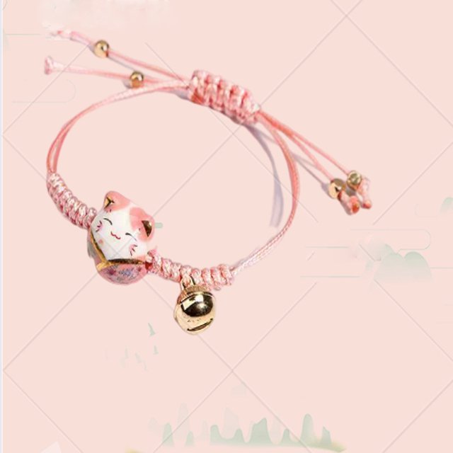 2 Pcs Feng Shui Céramique Porte-Bonheur Chat Bonne Chance Couple Bracelet Perlé Cordon de Dentition Réglable avec Clochette Richesse Santé Fortune Symbole d'Argent Riche pour Femmes Filles Bijoux d'Amitié, Rose