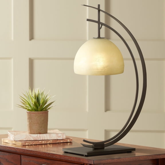 Kathy Ireland Orbit 28" Tall Arc Curved Industrial Table Lamp Brown Bronze Finish Metal Single Amber Shade Living Room Bedroom