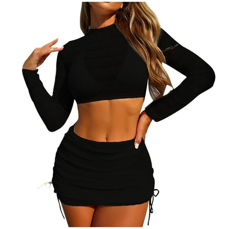 Hfyihgf Women s Swimsuits Cover Ups Set for Crochet Bathing Suit Hollow Out 2 Piece Bikini with Cover Up Top and Skirt Beach Swimwear(Black M)