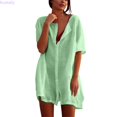 thumbnail image 2 of Kureaily Women Oversized Short Sleeve Button Down Shirt Dress, Loose Collared Linen Swim Cover Up Mini Tunic Dress Summer Casual Beach Vacation Outfit (Green,Large), 2 of 6