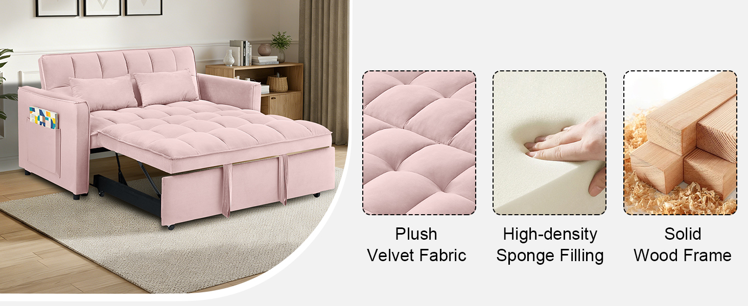 Howcool 55" Pull Out Sleeper Sofa Bed 3-in-1 Convertible Velvet Loveseat Adjustable Backrest Couch with Storage Pocket Small Space Sofa for Bedroom Living Room，Pink