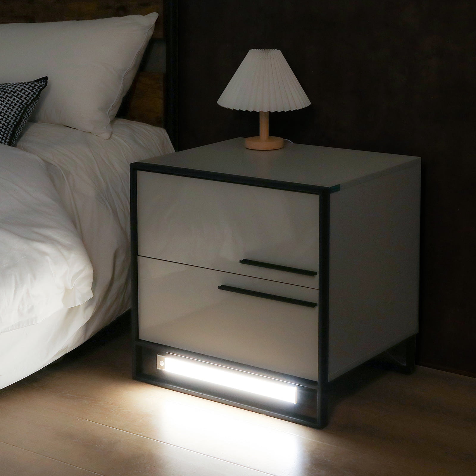 Hommpa LED Nightstand 2 Drawer Modern Bedside Table 3 Color Led Light Magnetic Auto Wireless Infrared Sensing Adjustable Brightness Gray Smart Night Stand with Metal Frame Side Table for Bedroom