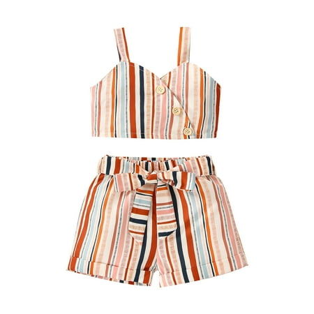 

Zlekejiko Toddler Girls Sleeveless Striped Prints Vest Tops And Shorts Outfits