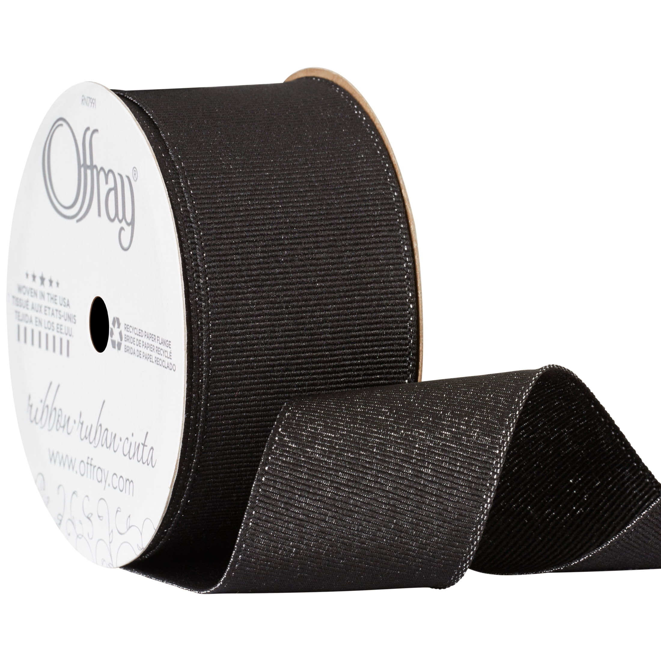 Offray Ribbon, Black 1 1/2 inch Grosgrain Metallic Ribbon, 9 feet
