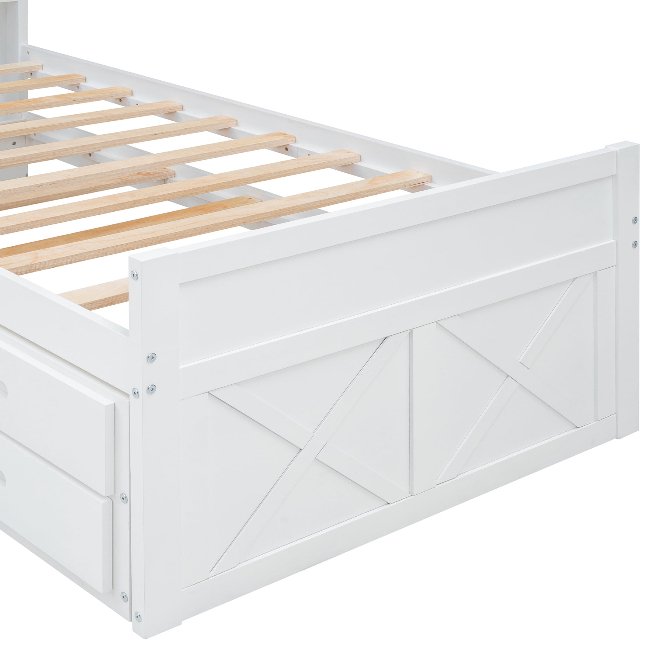 Noble House Twin Size Wooden Bed with Trundle, Drawers, Storage Headboard and Outlets, White