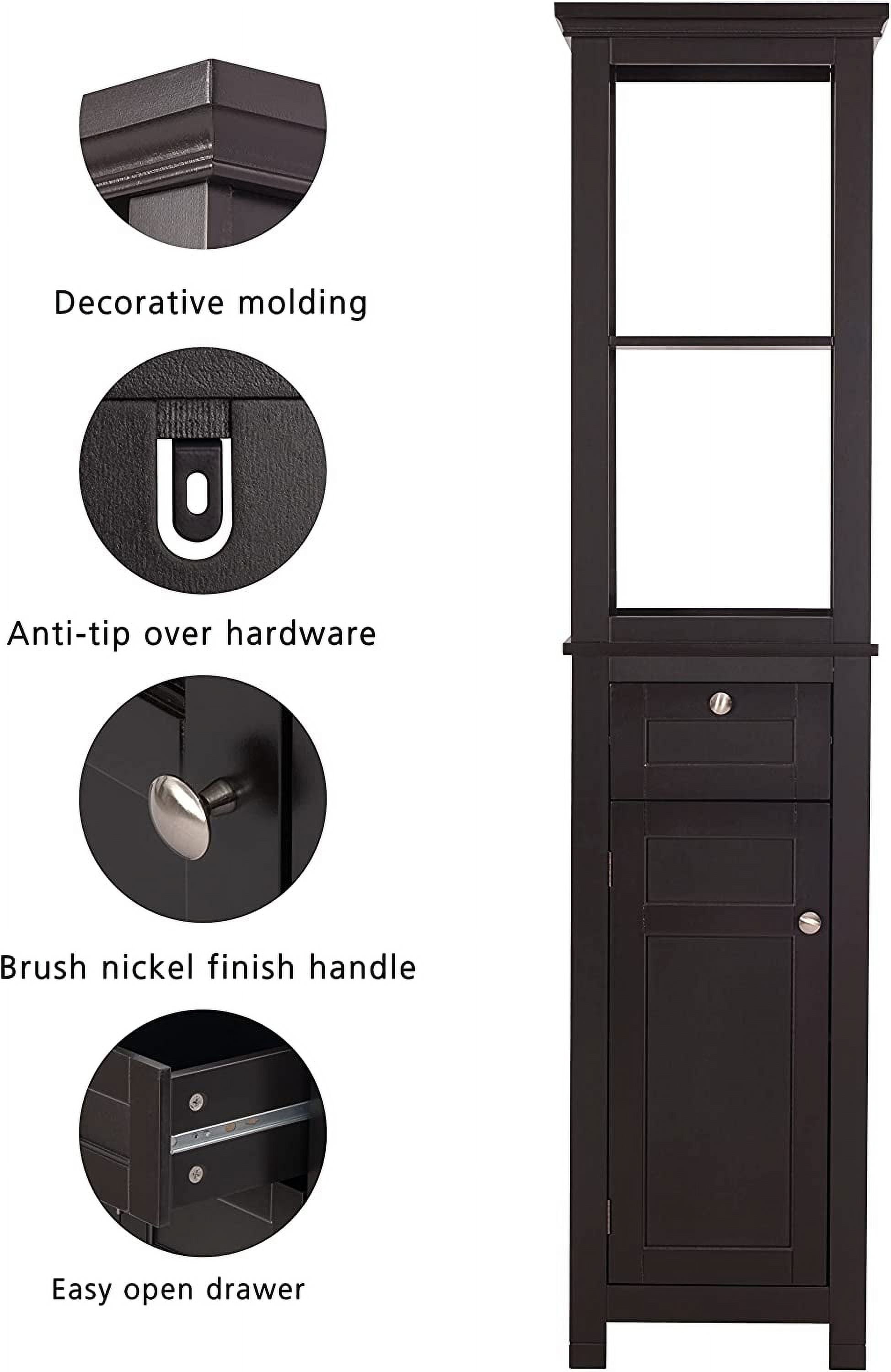 Spirich Home Bathroom Freestanding Storage Cabinet with Two Tier Open Shelves, Tall Slim Cabinet with Door and Drawer, Free Standing Linen Tower (Espresso with Drawer)