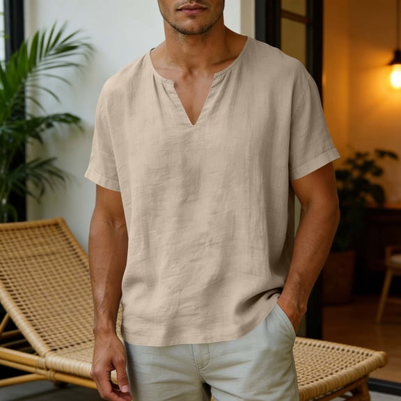 Men’s V-Neck Top Cotton Linen Casual Short Sleeve Shirt, Linen Blend V-Neck Tee Loose Fit Beach Summer Top Hot Weather Summer Streetwear Casual Daily | Zenithor,Khaki L