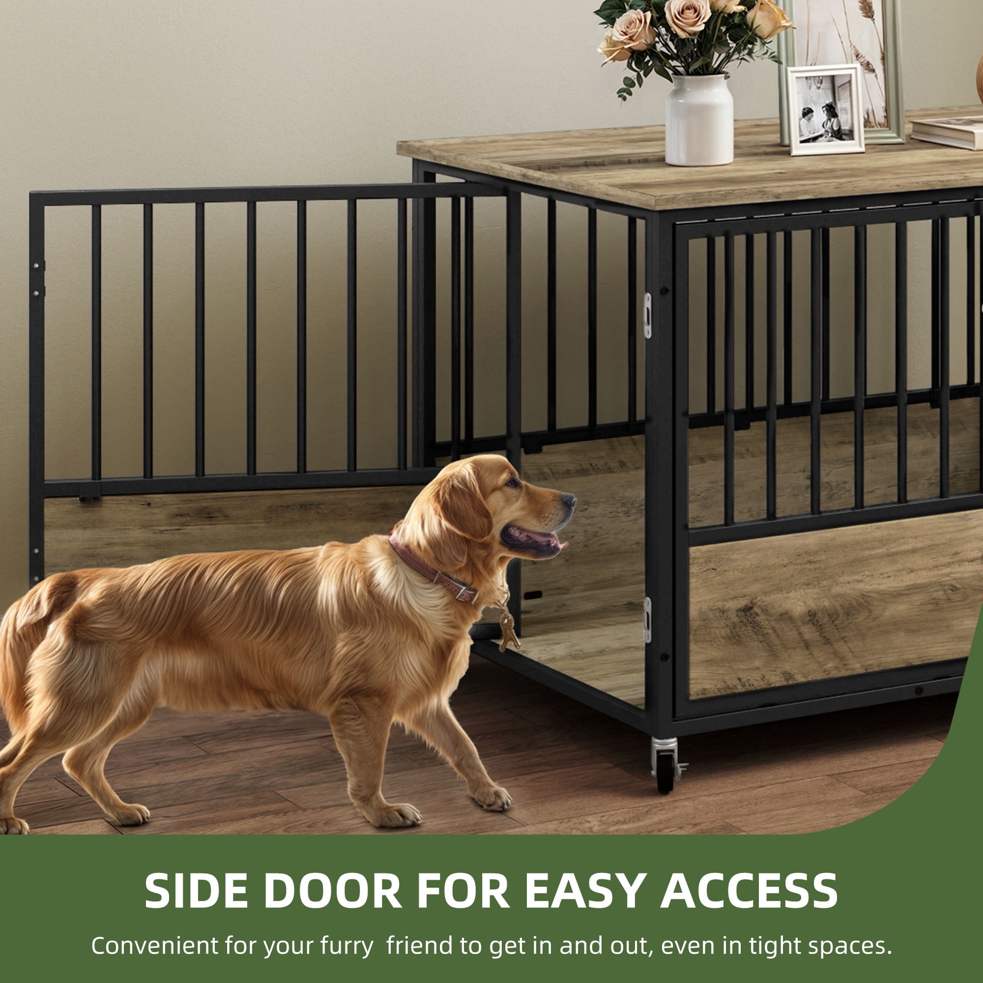 Uforic 43.3" Dog Crate Furniture with Wheels, Heavy Duty Double-Door Kennel for Medium/Large Dogs, Chew-Resistant Wooden End Table & Pet Cage